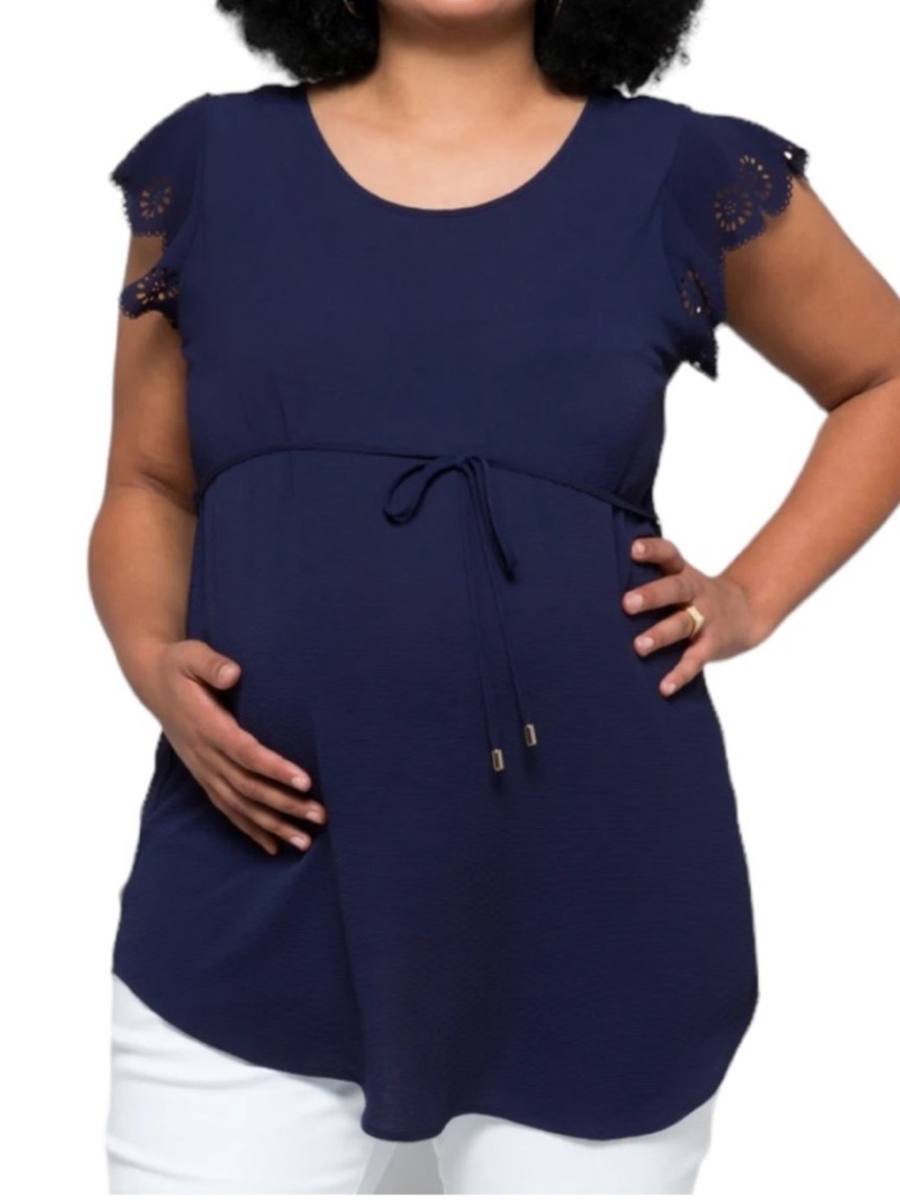 Full Moon Navy Maternity Tie-Waist Flutter Sleeve Top